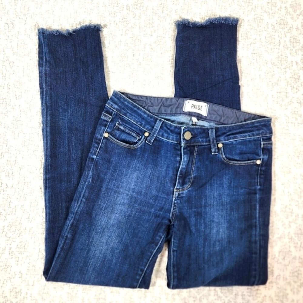 Paige Dark Wash Skyline Skinny Raw Hem Jeans Size 27